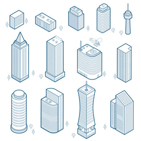 Isometric outline modern buildings set. Isometric city skyscrapers icons isolated on white backround. Linear pictograms of urban architecture. Elements for your design. Vector eps 10.のイラスト素材