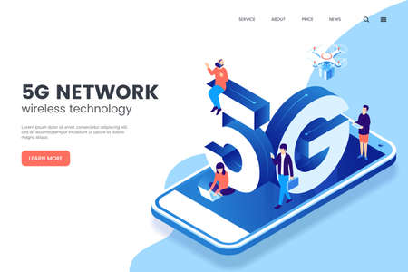 5G network wireless technology vector illustration. Isometric smartphone with big letters 5g and tiny people. High-speed mobile Internet. Using modern digital devices. Web page template.のイラスト素材