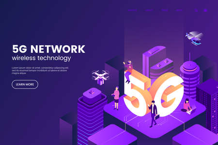 5G network wireless technology vector illustration. Isometric smart city with big letters 5g and...