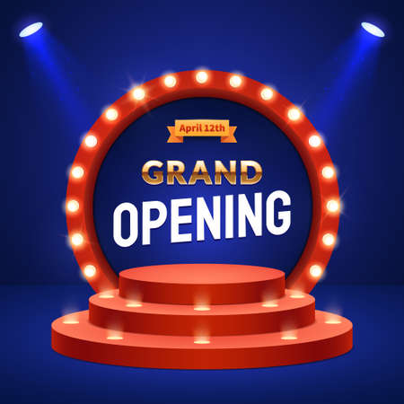 Grand Opening announcement concept. Stage podium with lighting. Retro round frame with light bulbs. Decorations for the opening ceremony. Background for your event invitation. Vector eps 10.のイラスト素材