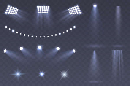 Vector Stadium spotlights. Scene spotlights set isolated on transparent background. Bright illumination. light sources for your design. Glowing stars. Eps 10.のイラスト素材