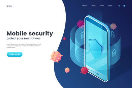 Mobile security vector illustration. Protective smartphone and shield. Internet security. Cyber attack on smartphone. Isometric style. Antivirus application.のイラスト素材