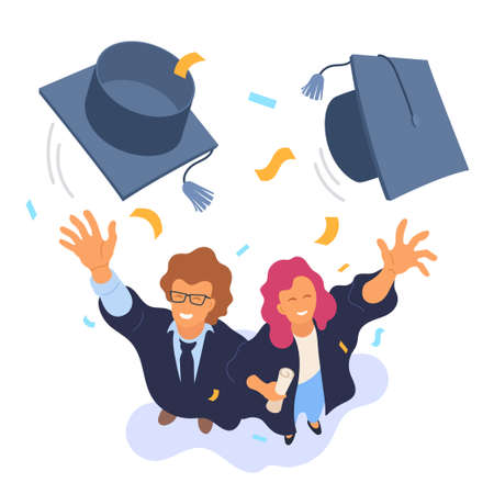 Two happy college graduates throwing academic caps vector illustration. View from above. Happy graduation. Cartoon smiling university students. Flat style. Eps 10.のイラスト素材
