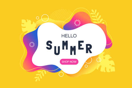 Hello summer vector illustration. Summer sale web banner template. Colorful abstract background with silhouettes of tropical leaves. Promotion offer. Applicable for flyer, social networks, poster.のイラスト素材