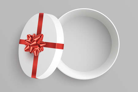 Open round gift box vector illustration. Empty opened surprise box with red bow and ribbon isolated...