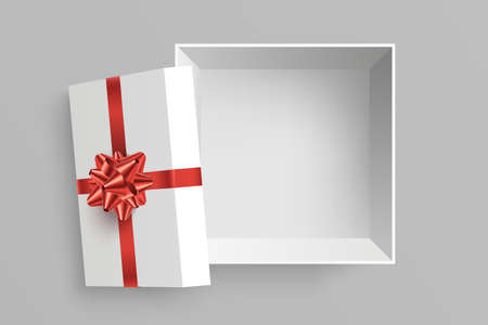 Open gift box vector illustration. Opened square surprise box with red bow and ribbon isolated on...