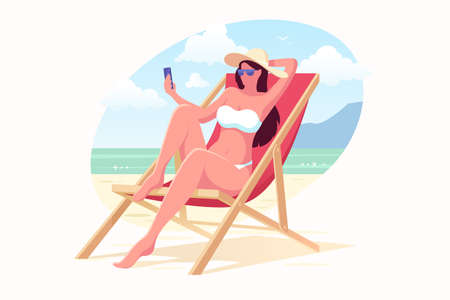 Beautiful girl in a swimming suit and hat sits on the beach in a sunbed and make selfie. Woman with smartphone relaxing on the beach. Summer vacation vector illustration. Flat style.のイラスト素材