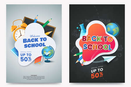Back to school sale A4 poster design. Composition with text and colorful school supplies. Educational items. Dark chalkboard background. Elements for your design. Vector illustration.のイラスト素材
