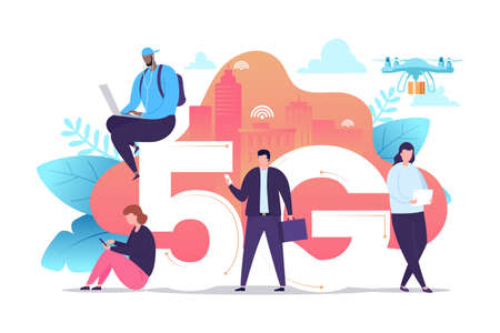 People with gadgets use high-speed Internet vector illustration. 5G network wireless technology....