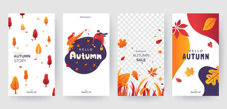 Set of autumn social media stories template. Colorful banners with autumn illustrations. Background collection with place for text. Concept for event invitation, promotion, advertising. Vector eps 10のイラスト素材