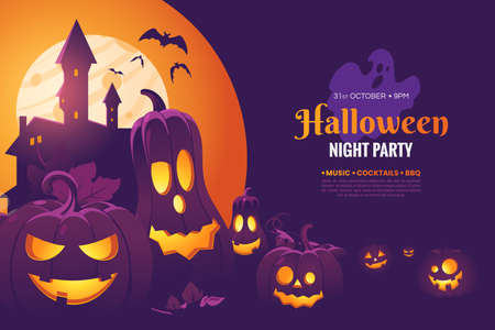 Halloween night party invitation poster design. Halloween illustration with scary pumpkins, castle in the moonlight and flying bats. Creepy background for your holiday design. Vector eps 10のイラスト素材