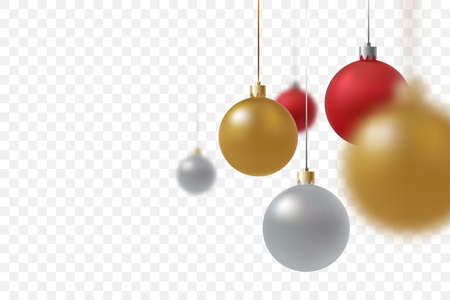 Hanging Christmas balls close up isolated on transparent background. Gold, red and silver xmas balls with defocused effect. Traditional decoration for the winter holidays. Vector illustration.のイラスト素材