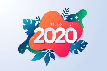 Happy new year 2020 abstract sign with tropical elements. Colorful 2020 banner in paper cut style. Geometric background with tropic leaves. Promo badge for your seasonal design.Vector illustration.のイラスト素材