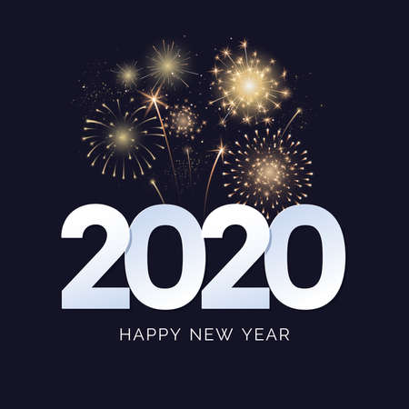 Happy New Year 2020 greeting card design. 2020 text with festive fireworks explosions isolated on dark background. Congratulation banner. Vector illustration.のイラスト素材