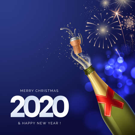 2020 Happy New Year greeting card design. Shot of champagne on fireworks background. New Year...