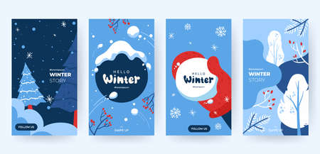 Set of abstract winter backgrounds for social media stories. Colorful winter banners with falling snowflakes, snowy trees. Wintry scenes . Use for event invitation, discount voucher, ad. Vector eps 10のイラスト素材