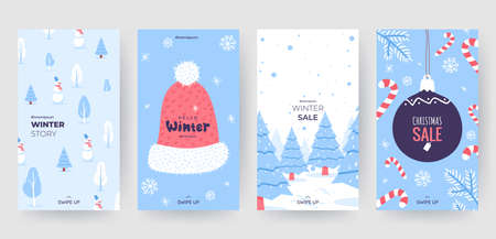 Colorful christmas banners with cute winter illustrations. Set of winter social media stories template. Background collection with place for text. Use for event invitation, promo, ad. Vector eps 10のイラスト素材