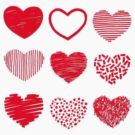 Red hearts in hand drawn style. Grunge heart shape set isolated on white background. Symbol of love. Doodle element for Valentines Day or wedding design. Vector illustrationのイラスト素材