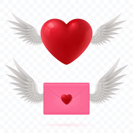 Glossy red heart with angel wings. Pink valentine postal envelope with white wings. Symbols of love, wedding. Valentines day decorative objects. Elements for your design. Vector illustration.のイラスト素材