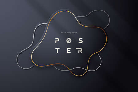 Abstract black background with liquid text box and curved silver and gold lines. Minimalist poster design in premium black color. Shadow overlay effect. Vector illustrationのイラスト素材