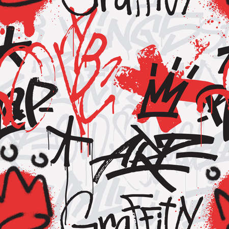 Graffiti seamless pattern in black and red color isolated on whiteのイラスト素材