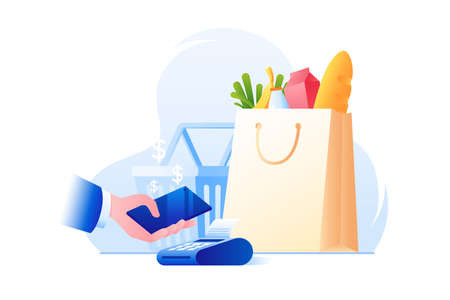 Contactless payment. NFC technology. Pay for purchases using your smartphone. Paying for purchases at supermarket. Colorful vector illustration in flat style.のイラスト素材