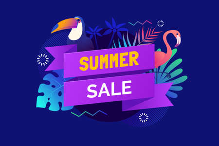 Summer sale banner template. Text ribbon with leaves and tropical birds in neon colors. Hawaiian tropical poster. Promo badge for your seasonal design. Vector illustration.のイラスト素材