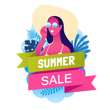 Summer sale banner with beautiful girl in sunglasses and a beach hat. Summer holidays poster. Promo badge for your seasonal design. Vector illustration.のイラスト素材
