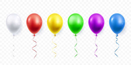Colorful festive balloons isolated on transparent background. Helium balloon in different colors. 3d style. Design element for birthday, anniversary, wedding, other event. Vector illustration.のイラスト素材