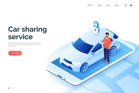 Car sharing service isometric illustration. A man with smartphone standing next to a carsharing auto. Vehicle rental via mobile app. City transport. Design element for your business.のイラスト素材