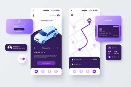 Car share service mobile application template. UI, UX, GUI design elements. User Interface kit isolated on grey background. Car sharing app.のイラスト素材