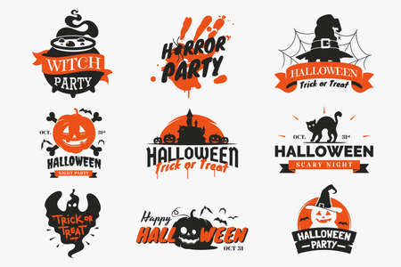 Set of Halloween badges and labels isolated on white background. Vintage Halloween signs with lettering, ribbons, spooky ghosts, pumpkin, witch cauldron, icons and other elements. Vector illustration.のイラスト素材