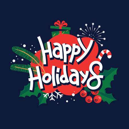 Happy holidays postcard design with calligraphy and decoration elements. Merry christmas greeting card in cartoon style. Composition of spruce branch, firework, holly, gift box and candy cane.のイラスト素材