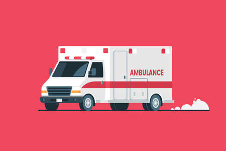 Ambulance car vector illustration. White Ambulance isolated on red background. Emergency medical care transportation. Flat style. Element for your design.のイラスト素材