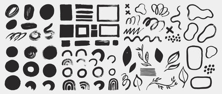 Collection of vector grunge elements, brush strokes, paint spots, lines and abstract shapes. Black ink stains isolated on white. Minimalistic design elements in hand painted style.のイラスト素材