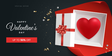 Valentines day greeting card design concept. Open gift box with red heart inside and sparkling golden confetti. Flat lay. Valentines day sale banner template. Realistic 3d style. Vector illustration.のイラスト素材