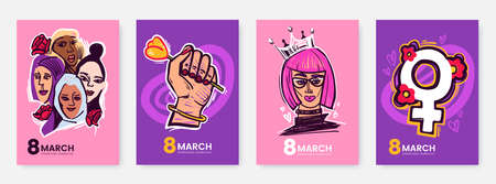 International Womens Day greeting card collection in funny cartoon style. 8 March posters design with comical illustrations of womens and symbols of feminism. Ideal for print, postcard, social media.のイラスト素材