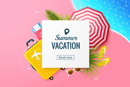 Summer vacation vector illustration. Flat lay composition with beach umbrella, travel suitcase, sunglasses, slates. Rest at the resort. Summertime travel banner template. Online booking.のイラスト素材