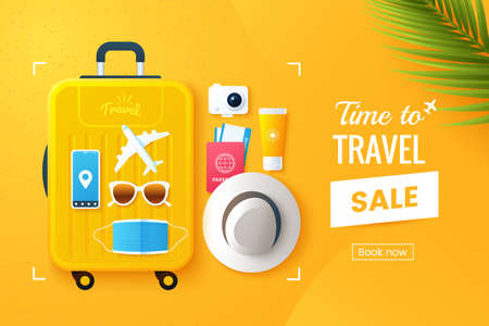 Summer travel vector illustration. Flat lay composition with a large travel suitcase, hat, sunglasses, protective face mask, camera, plane tickets. Online booking. Vacation promo banner design.のイラスト素材