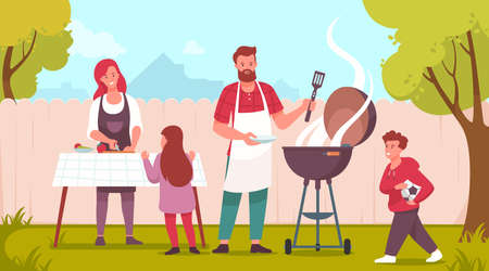 Happy family doing barbecue at garden. Mother, father and children spending time in backyard. Family preparing food outdoors. Summer bbq picnic. Vector illustration.のイラスト素材