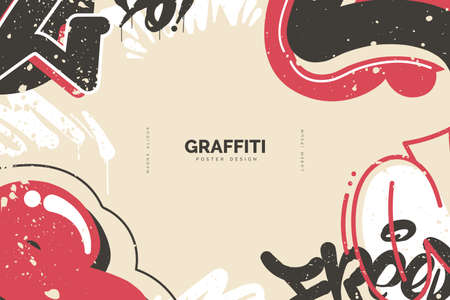 Abstract graffiti background with colorful tags, paint splashes, scribbles and throw up pieces. Street art banner design. Artistic poster in hand drawn graffiti style. Vector illustrationのイラスト素材