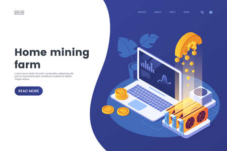 Isometric illustration of a home mining farm. Cryptocurrency mining equipment - GPU, computer, power supply. Extraction and trading of digital currency on the exchange market. Blockchain technology.のイラスト素材