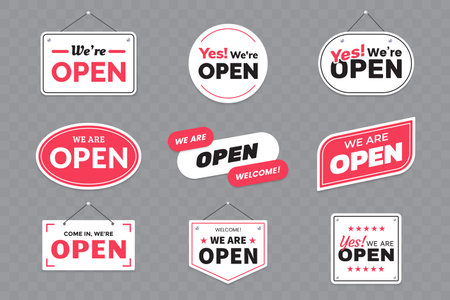 We are open signs collection. Open signage design for a business, shop, restaurant, etc. Set of badges and stickers for the entrance door. Vector illustrationのイラスト素材