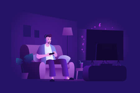 Young man sitting on the couch and playing video games on game console. Gaming night. Home leisure. Vector illustration.のイラスト素材