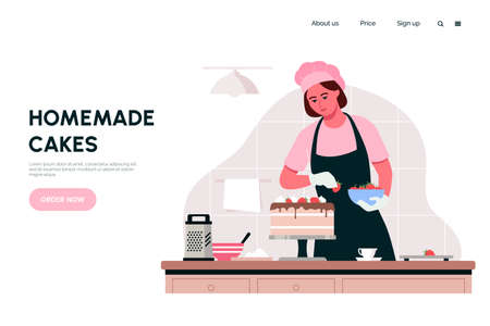 Woman preparing cake in home kitchen. Housewife makes sweet pastries to order. Home bakery web page concept. Cooking master class. Vector illustration in flat style.のイラスト素材
