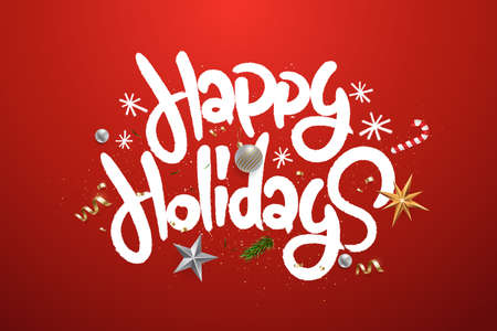 Happy Holidays hand drawn calligraphy in spray paint lettering style. Christmas and Happy New Year greeting card design with white text and decorations isolated on red background. Vector illustrationのイラスト素材