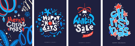Winter holidays poster collection with lettering and festive graphic. Merry Christmas greeting card set. Winter sale banner design. Ideal for invitation, promo, social media. Vector illustration.のイラスト素材