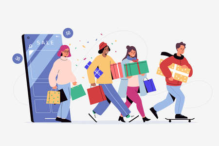 Online shopping vector illustration. Group of happy people who made purchases in the mobile application. Characters buy gifts from the online store. Holiday sale. Cyber monday concept. Flat style.のイラスト素材