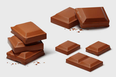 Realistic chocolate pieces isolated on white. Heap of milk chocolate in 3d style. Cocoa product....
