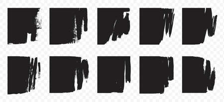 Brush shading texture collection. Black paint, ink texture isolated on transparent background. Graphic artistic elements in grunge style. Ideal for background, frame, corner composition. Vector.のイラスト素材